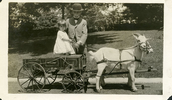 Historical photo of a girl in a cart pulled by a goat