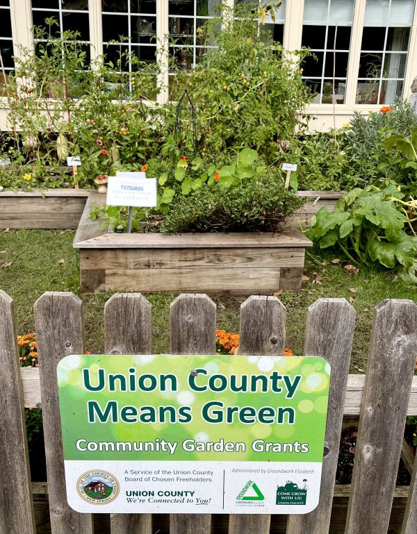 Garden with a sign saying "Union County Means Green - Community Garden Grants"