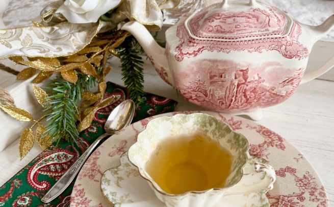 Teacup and set with holiday decor