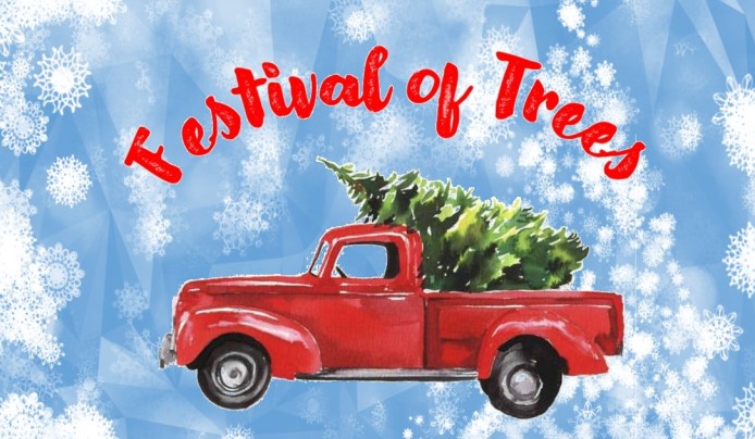 Festival of Trees with a red truck carrying an evergreen tree